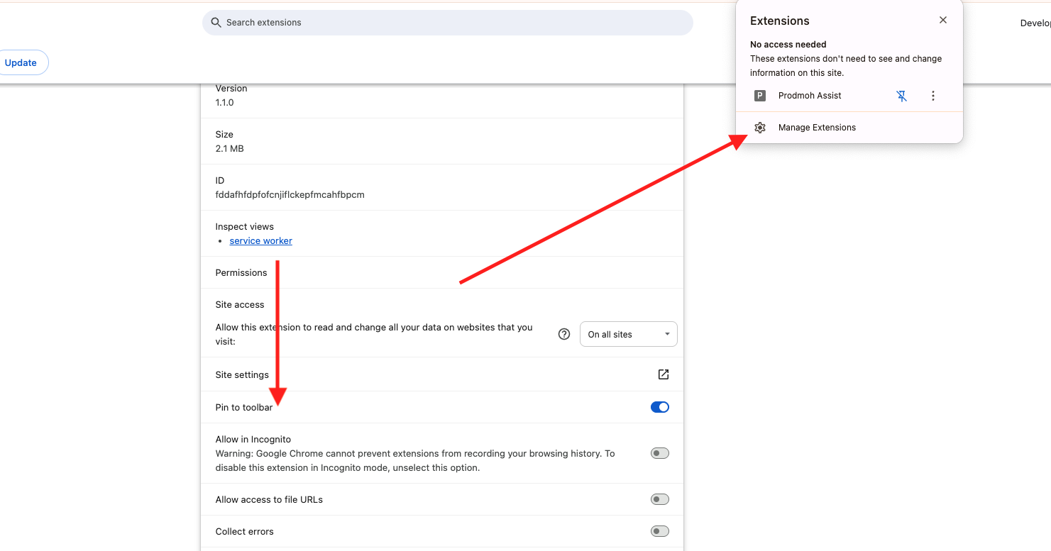 Screenshot illustrating how to click the puzzle piece icon and then pin the ProdMoh Assist extension to the Chrome toolbar.